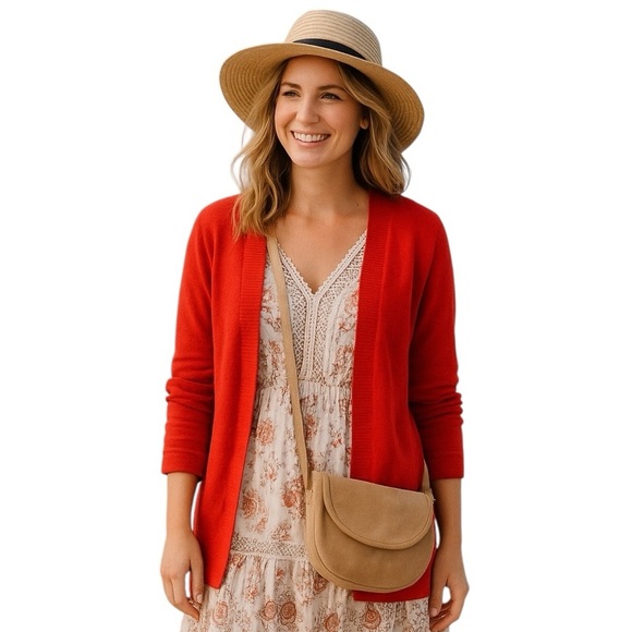 Chicos 1 (Medium) Red Elbow Length Lightweight Open Front Cardigan Long Modest - Picture 1 of 9